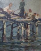 LEECH (XIX-XX). Impressionist study of figures fishing from a jetty, signed lower left, oil on