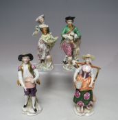 FOUR ANTIQUE CHELSEA STYLE PORCELAIN FIGURINES WITH GOLD ANCHOR MARKINGS, tallest H 16 cm