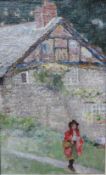 DAVID WOODLOCK (1842-1929). Study of a young girl before a cottage 'Yew Tree Cottage 1919', see