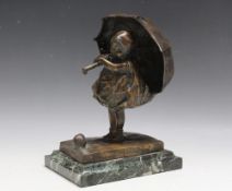 A BRONZE STATUE OF A YOUNG GIRL WITH AN UMBRELLA LOOKING AT A SNAIL - SIGNED E CAMMILLI, on a