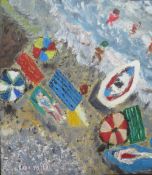AFTER FRED YATES (1922-2008). Impressionist beach scene with boats and figures viewed from above,