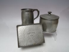 A TUDRIC PEWTER LIDDED POT FOR LIBERTY & Co STAMPED 01280, Dia. 11 cm, H 10 cm, together with a