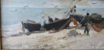 (XX). Coastal beach scene with figures and fishing boats, indistinctly signed lower right, oil; on