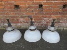 A SET OF THREE VINTAGE INDUSTRIAL HANGING CEILING LIGHTS, with grey enamel shades, overall H 50