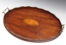 A TWIN HANDLED SERVING TRAY WITH CONCH SHELL INLAY DETAIL, W 56 cm