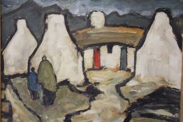 SCHOOL OF MARKEY ROBINSON (1917-1999). Irish school, stormy landscape with cottages and figures 'The
