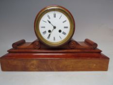 A MAHOGANY / WALNUT CASED DRUM HEAD MANTLE CLOCK, having painted detail to shoulders, enamel dial