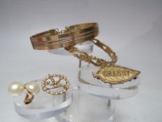 A COLLECTION OF YELLOW METAL AND 9CT GOLD JEWELLERY ITEMS, to include a pair of Ciro clip on pearl