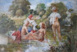 (XX). Impressionist wooded river landscape with nude bathers, unsigned, oil on board, framed and