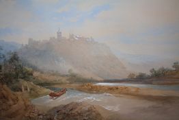 EDWARD RICHARDSON (1810-1874). A Continental landscape of an estuary with boat, mountains and town