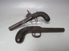 A PAIR OF ANTIQUE PERCUSSION CAP PISTOLS MARKED BAKER - LONDON, detachable octagonal barrel, each