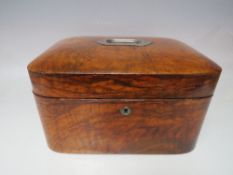 A BURR WALNUT DRESSING BOX, domed lid with fitted interior, carry handle surmount, W 30.5 cm, D 22