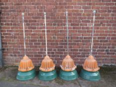 A SET OF FOUR BENJAMIN X TYPE VINTAGE INDUSTRIAL HANGING CEILING LIGHTS, with green enamel shades,