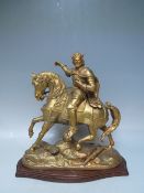 A GILT SPELTER FIGURE OF KING EDWARD III ON HORSEBACK - MISSING SCEPTER, raised on as associated