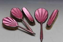 A FIVE PIECE HALLMARKED SILVER GUILLOCHE ENAMEL DRESSING TABLE SET BY MAPPIN & WEBB - LONDON 1930,