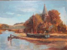 (XX). Impressionist wooded river scene with moored boat before a church, indistinctly signed lower