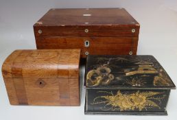 A SELECTION OF VINTAGE WOODEN BOXES, comprising an oak dome topped tea caddy, 17 x 9.5 x 11.5 cm,