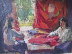 (XX). Impressionist interior scene with two women dressmaking, indistinctly signed upper left, oil