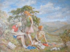 (XX). Impressionist mountainous wooded landscape with three young girls picnicking, unsigned, oil on