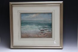 AN ATMOSPHERIC COASTAL BEACH SCENE WITH HALCYON GALLERY LABEL VERSO, indistinctly signed and dated