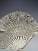 TWO ANTIQUE IVORY FRAMED FANS, decorated with scenes of birds, largest L 35 cm, open W 64 cm (2)