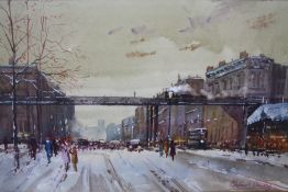 MICHAEL CRAWLEY (XX) ENGLISH SCHOOL. A Parisian winter street scene with cars and figures, 'Paris'