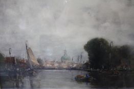 JOHN ERNEST AITKEN (1881-1957). 'The Rhine, Leiden, Holland', see label verso, with boats and