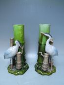 A PAIR ANTIQUE ENGLISH BRETBY MAJOLICA POTTERY AESTHETIC BAMBOO HERON BIRD VASES, impressed marks to