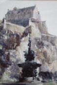 FREDERICK DONALD BLAKE (1908-1997). Study of a fountain before Edinburgh castle, signed lower right,