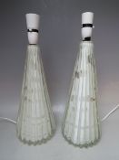 A PAIR OF VINTAGE MURANO STYLE STUDIO GLASS TABLE LAMPS, of ribbed tapered form, clear and white