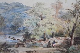 FREDERICK HENRY HENSHAW (1807-1891). Wooded river landscape with figures, signed with initials and