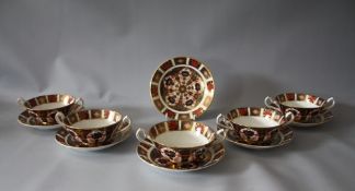 A SET OF FIVE ROYAL CROWN DERBY IMARI PATTERN 1128 CREAM SOUP AND SAUCER SETS, all marked as seconds
