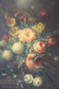 (XX). Still life study of flowers and a parrot on a marble table, unsigned, oil on board, framed, 73
