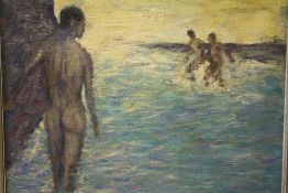 SCHOOL OF HENRY SCOTT TUKE (1858-1929). Rocky coastal scene with nude bathers, bears signature and