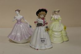TWO COALPORT MINIATURE FIGURES - CASSIE & CATRIONA, TOGETHER WITH ROYAL DOULTON SHARON FIGURE (3)
