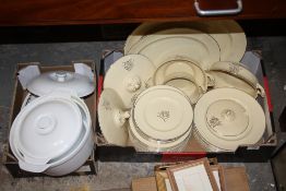 A TRAY OF JOHNSON BROS VICTORIAN PATTERN DINNERWARE, TOGETHER WITH A TRAY OF ASSORTED DINNERWARE