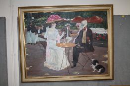A LARGE MODERN GILT FRAMED OIL ON CANVAS DEPICTING SEATED FIGURES IN AN OUTDOOR SETTING INDISTINCTLY