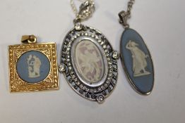 TWO SILVER WEDGWOOD JASPERWARE PENDANTS ON SILVER CHAINS TO INCLUDE A LILAC PANEL EXAMPLE TOGETHER