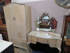 A VINTAGE LIMED TWO DOOR WARDROBE W-94 CM AND MATCHING DRESSING TABLE (LOOSE LEG)