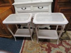 A PAIR OF SHABBY CHIC STYLE GLASS TOPPED BERGERE OCCASIONAL TABLES H-63 W-54 CM (2)