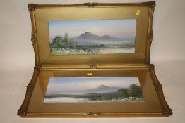 A PAIR OF GILT FRAMED AND GLAZED WATERCOLOURS OF MOUNTAINOUS SCENES ENTITLED 'MORNING MIST' AND '