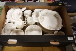 A TRAY OF ROYAL ALBERT HAWORTH CHINA TO INCLUDE A TEAPOT, TRIOS, DINING PLATES ETC.