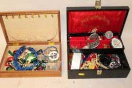 TWO JEWELLERY BOXES CONTAINING COSTUME JEWELLERY TO INCLUDE A DANISH PEWTER BANGLE, VINTAGE BROOCHES