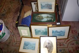 A TRAY OF ASSORTED PRINTS TO INCLUDE SIGNED EXAMPLES, FRAMES ETC.