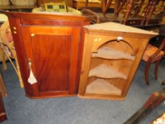 AN ANTIQUE MAHOGANY HANGING CORNER CUPBOARD AND AN OPEN PINE EXAMPLE (2)