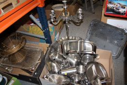TWO TRAYS OF METALWARE TO INCLUDE OLD HALL STAINLESS STEEL AND FIVE BRANCH CANDELABRA