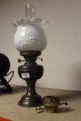 A VINTAGE BRASS OIL LAMP WITH FLORAL OPAQUE GLASS SHADE, DUPLEX BURNERS