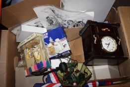 A BOX OF ASSORTED SUNDRIES TO INCLUDE BOXED CANDLE HOLDERS, STEAM INTEREST PRINTS, JEWELLERY BOX