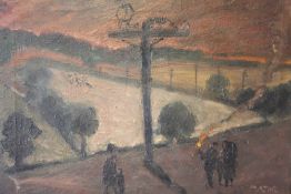 MAJOR. An impressionist stormy evening wooded landscape with figures on path, signed lower right,