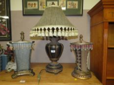 A LARGE QUALITY VERDE GRIS TABLE LAMP AND SHADE WITH TWO ADDITIONAL LAMPS (3)